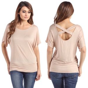 Open Cross Back Dolman Sleeve Drapey Top Sand Beige